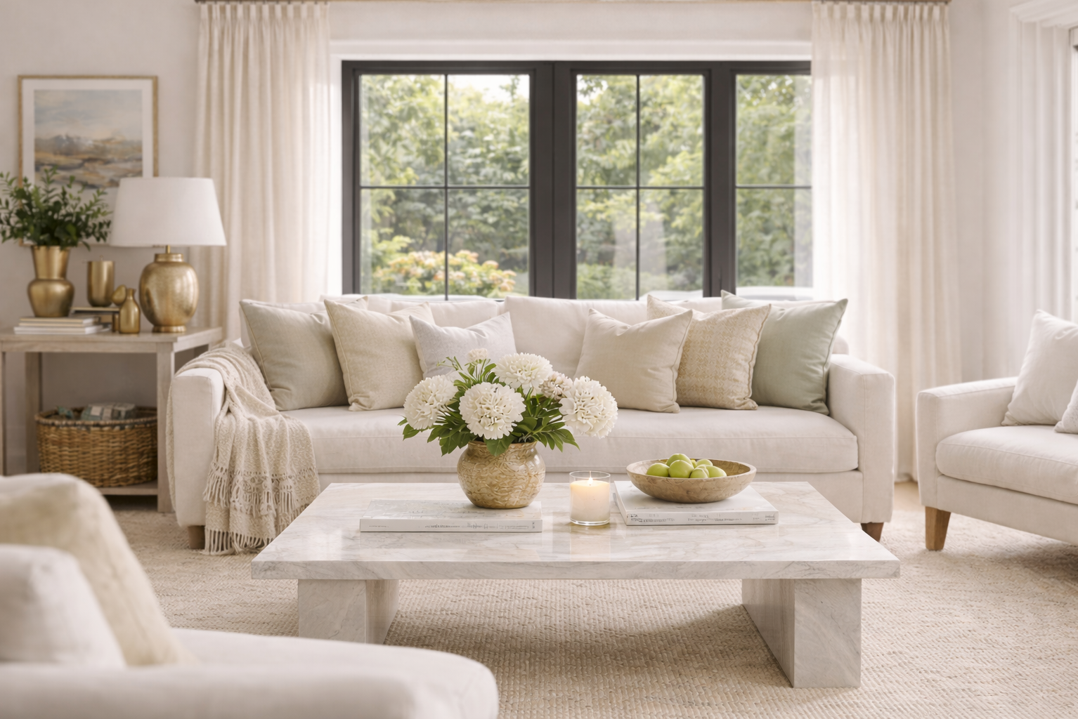 Elegant living room with large windows