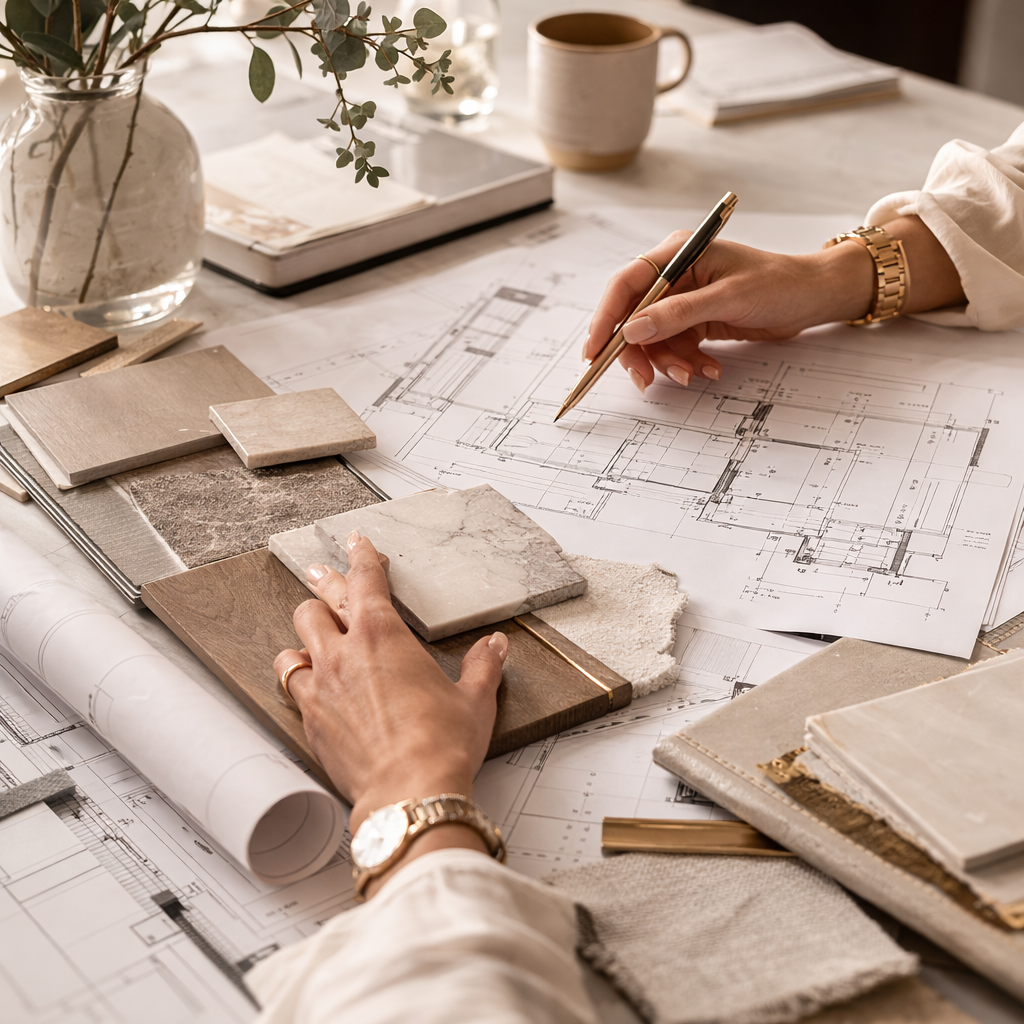 Architect working on blueprints