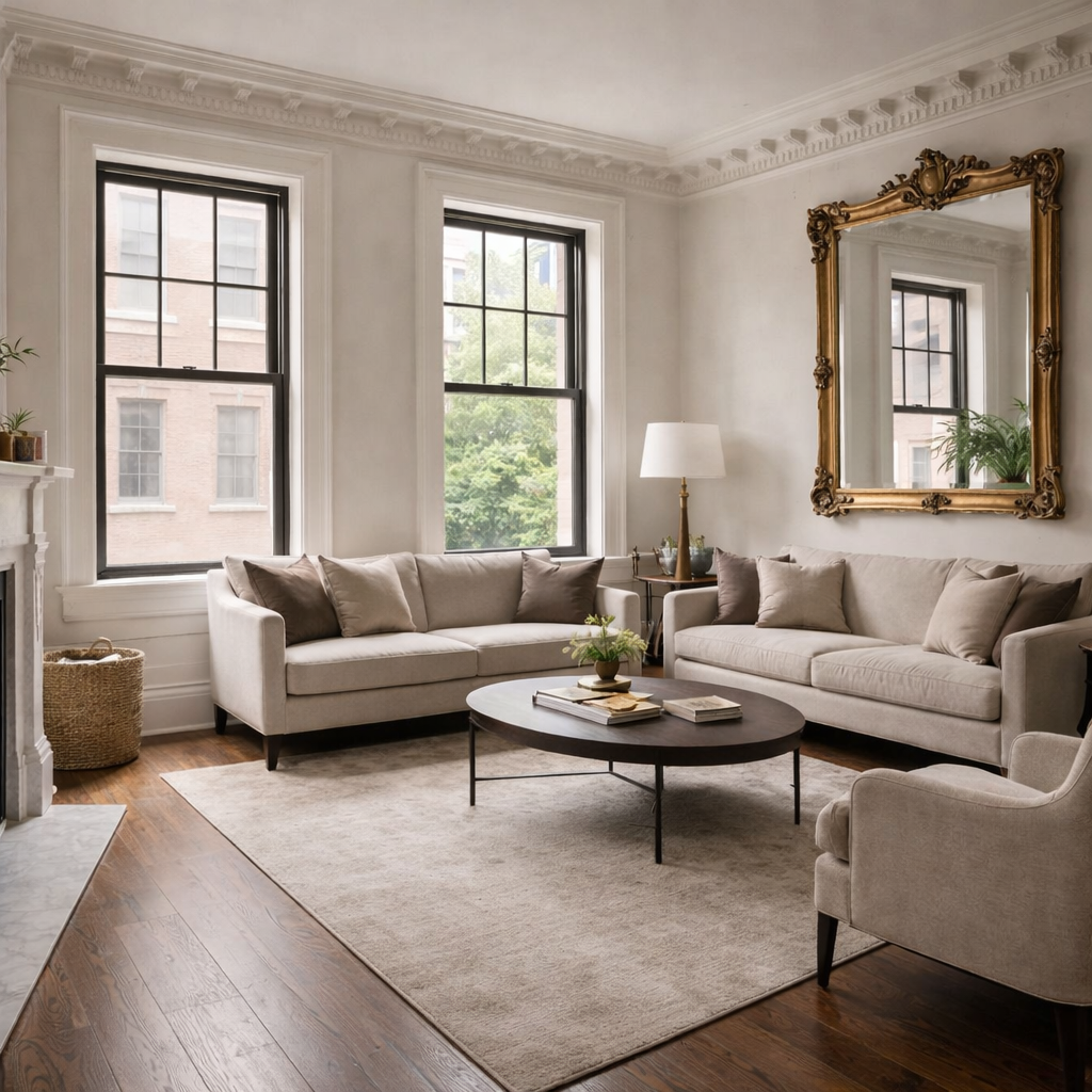 Townhouse interior with large windows